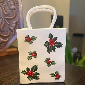 Vintage Lefton Ceramic Christmas Shopping Bag Vase Holly Berries Pattern